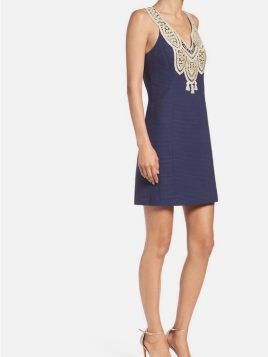 Lilly Pulitzer Dresses & Skirts - Lilly Pulitzer True Navy/Shimmer Gold Embroidered Neck Largo Shift Dress 6